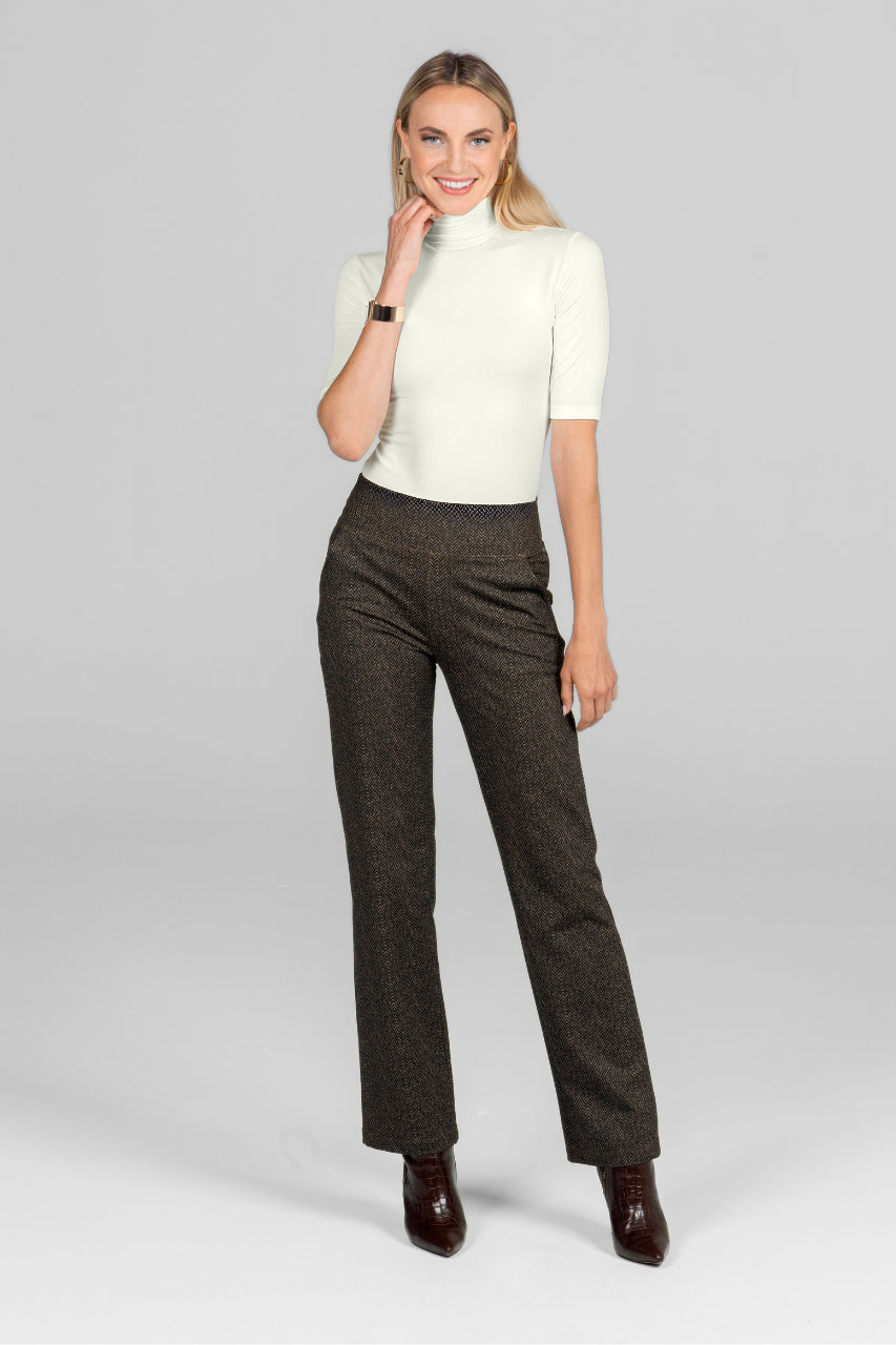 KiraGrace NINA STRAIGHT LEG PANT: HERRINGBONE CAMEL