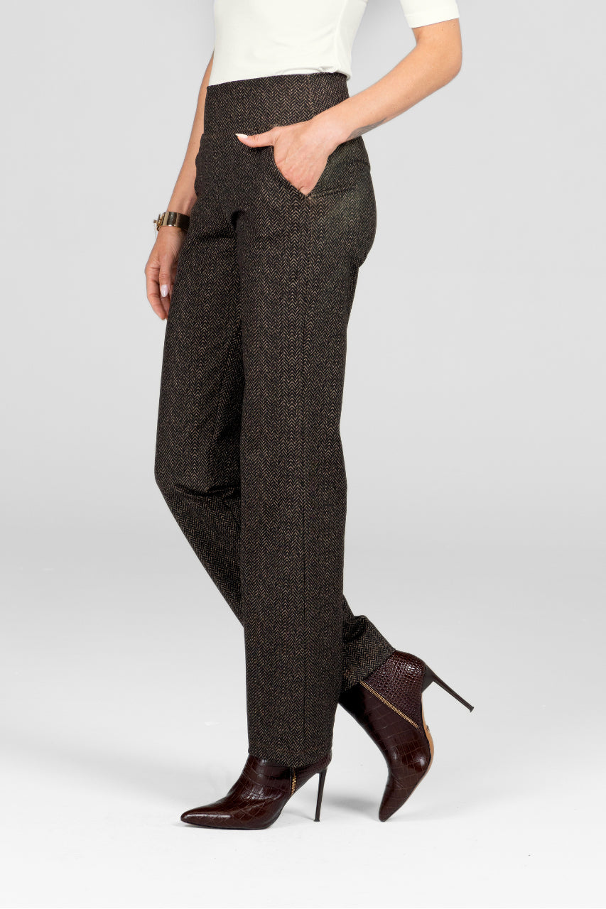 KiraGrace NINA STRAIGHT LEG PANT: HERRINGBONE CAMEL