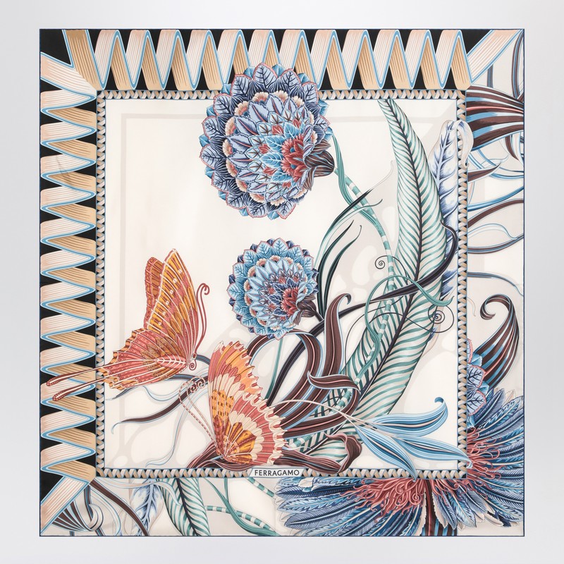 Ferragamo Ivory/blue Silk Scarf With Giada Print