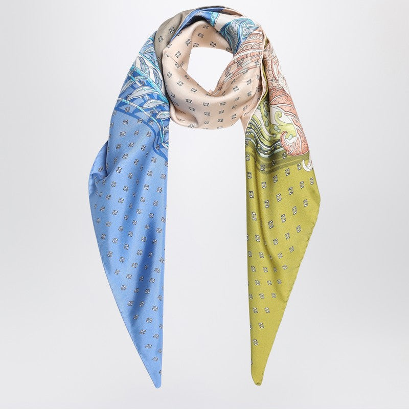 Ferragamo Green/blue Silk Scarf With Madras Print