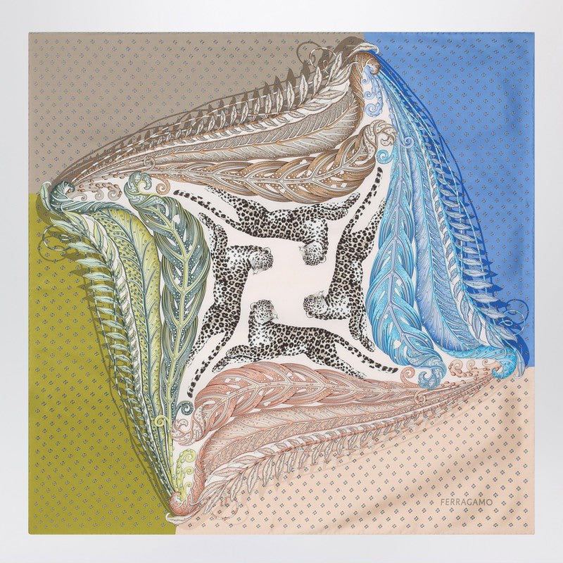Ferragamo Green/blue Silk Scarf With Madras Print
