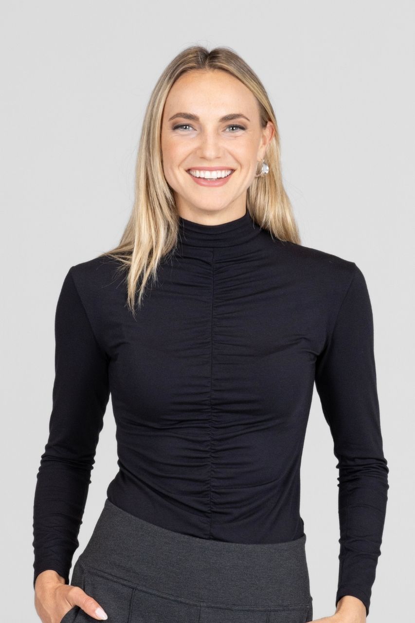 KiraGrace RUCHED MOCK NECK TOP: BLACK