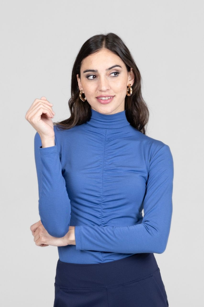 KiraGrace RUCHED MOCK NECK TOP: HIGHLAND BLUE