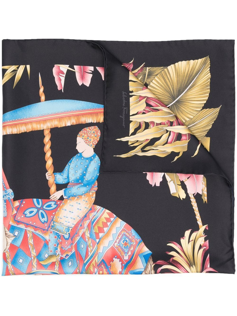 Ferragamo Silk Graphic Print Scarf In Black