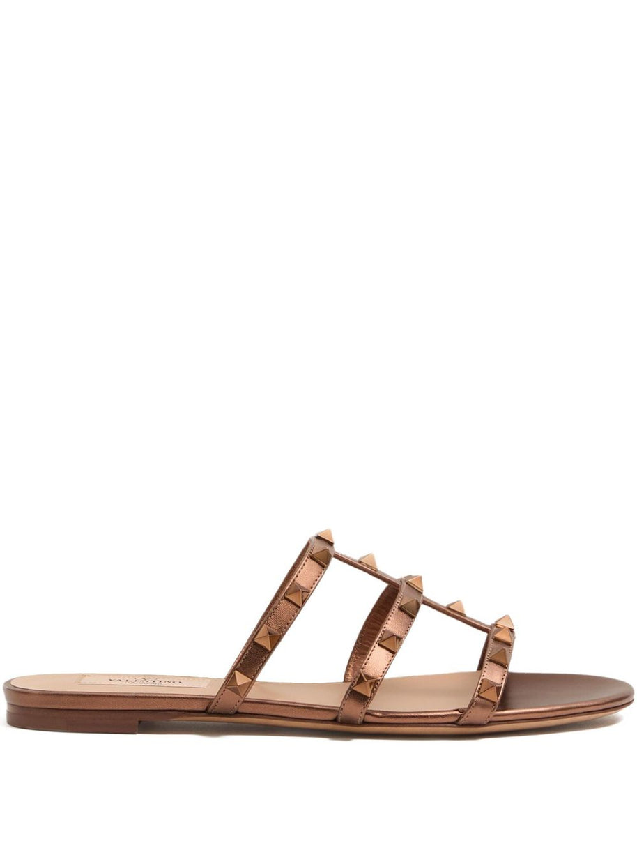 Valentino Garavani Rockstud Leather Flat Sandals - Brown