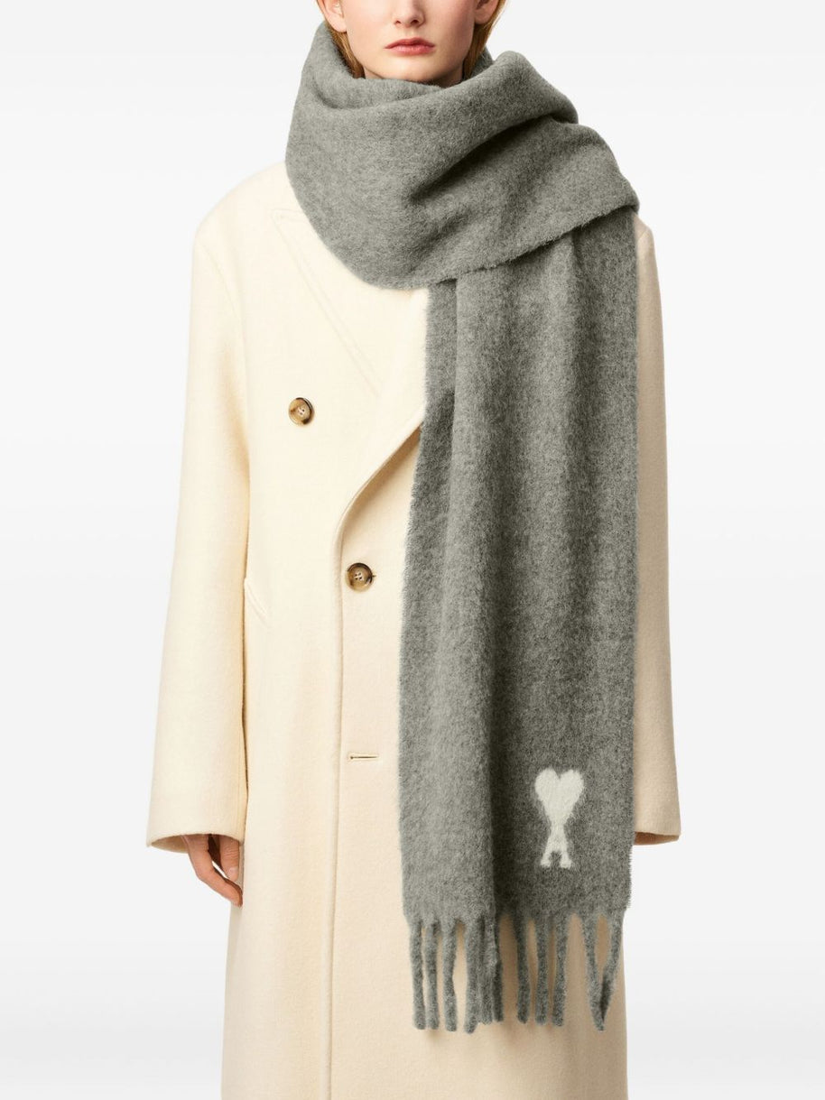 Ami Paris Ami De Coeur Wool Scarf - Light Grey