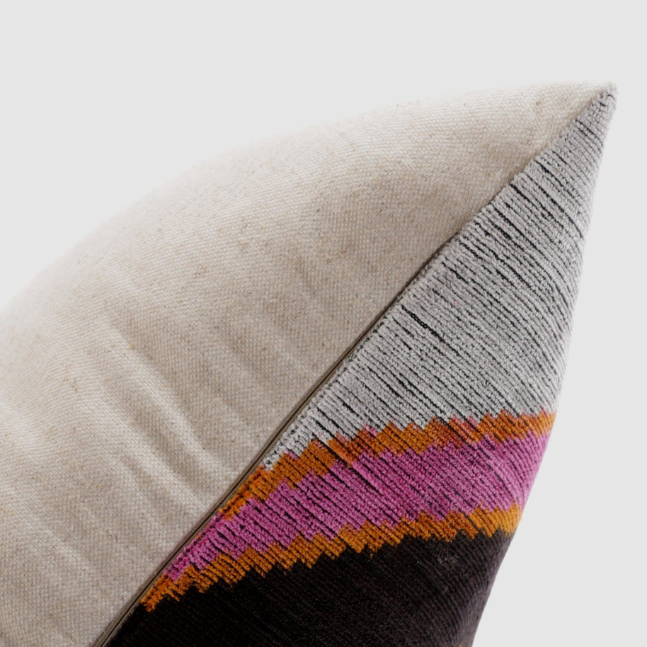 Handmade Geometric Silk Velvet Throw Pillow - 16x24, Pink And Orange Modern Design With Down Feather Insert