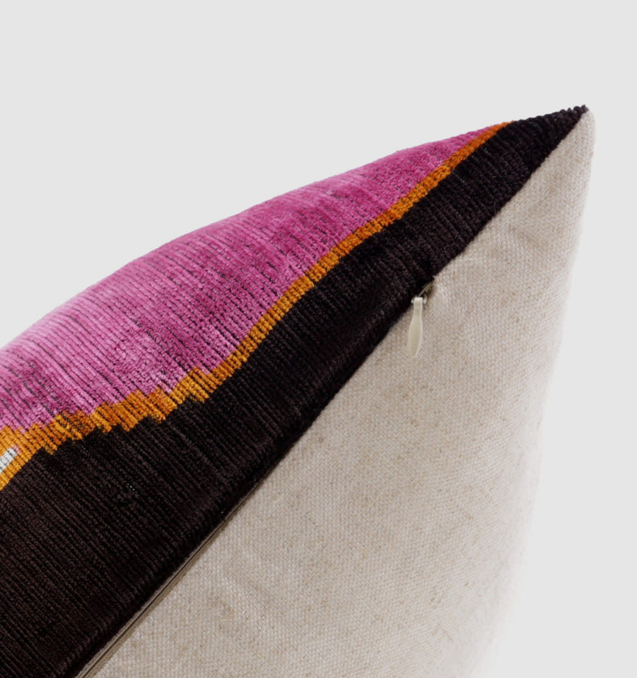 Handmade Geometric Silk Velvet Throw Pillow - 16x24, Pink And Orange Modern Design With Down Feather Insert