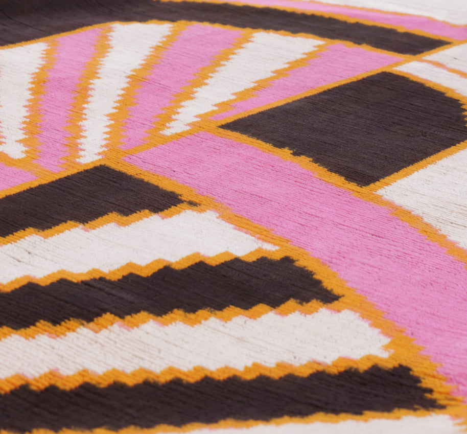 Handmade Geometric Silk Velvet Throw Pillow - 16x24, Pink And Orange Modern Design With Down Feather Insert