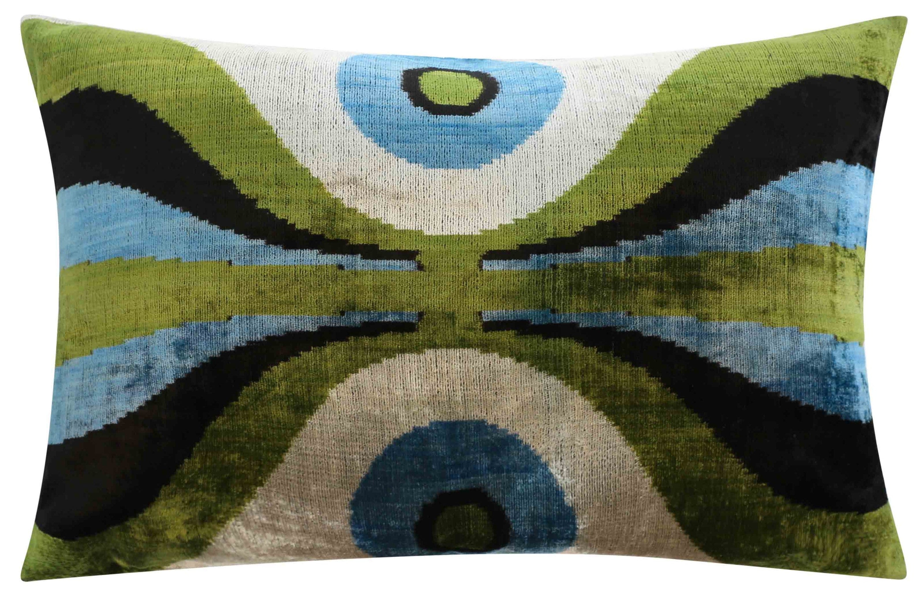 Handmade Retro Geometric Silk Velvet Throw Pillow - 16x24, Green And Blue With Down Feather Insert