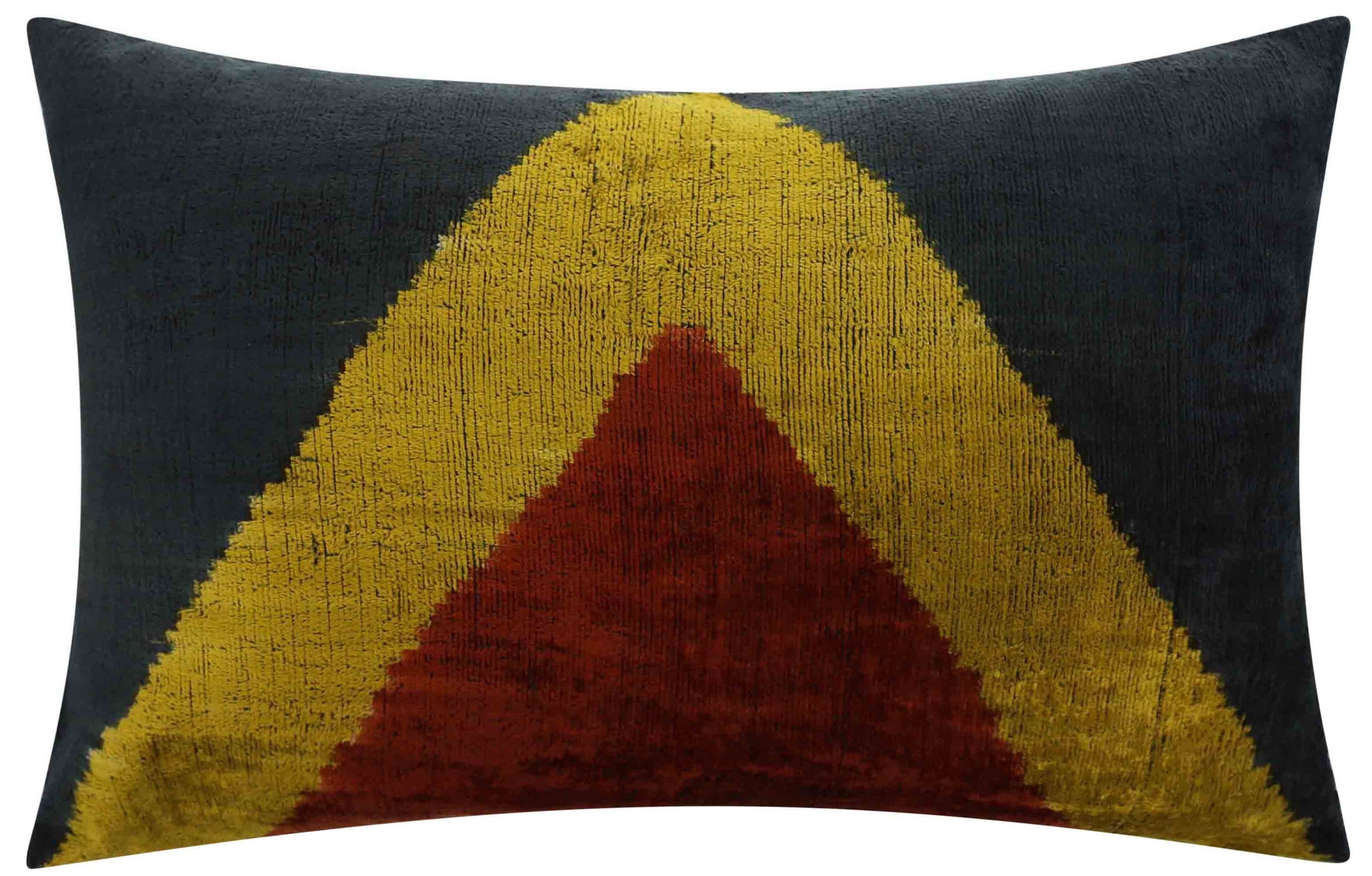 Handmade Silk Velvet Throw Pillow - 16x24, Black, Gold, And Brown Luxury Geometric Design With Down Feather Insert