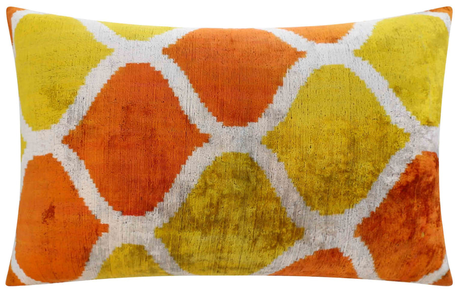 Handmade Fall Silk Velvet Throw Pillow - 16x24, Orange And Yellow Geometric Design With Down Feather Insert