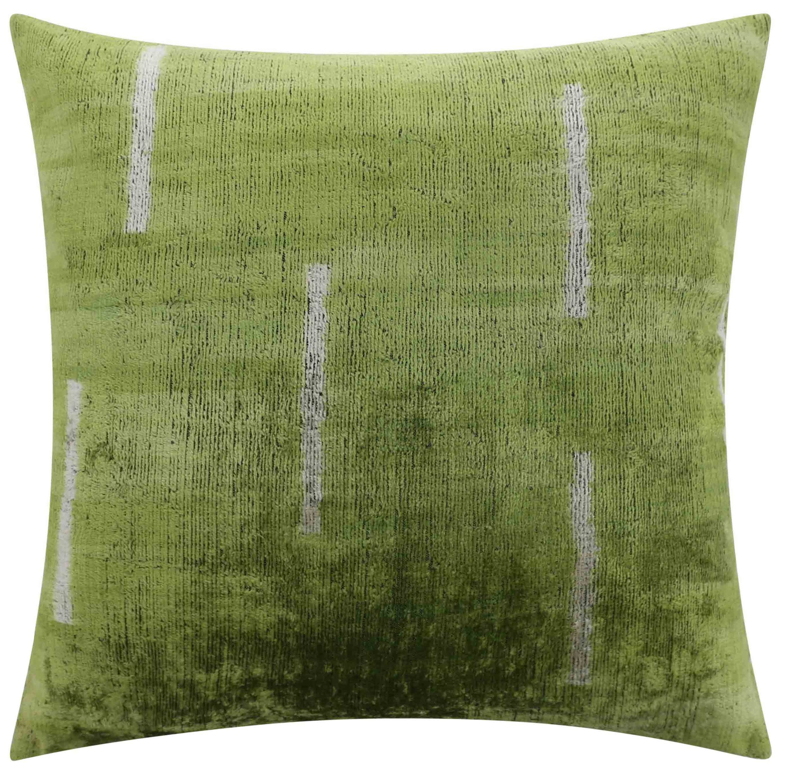 Handmade Silk Velvet Minimalist Throw Pillow - 20x20, Green With White Accent Lines, Down Feather Insert