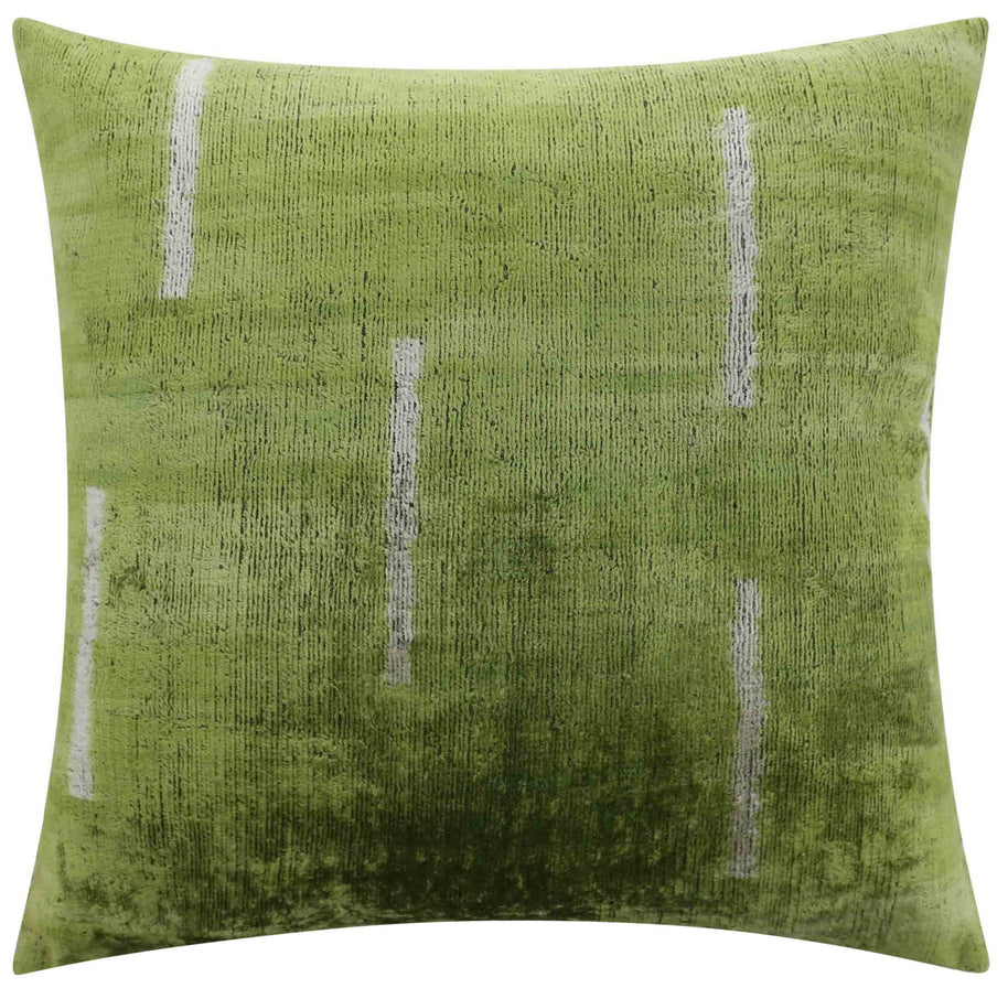 Handmade Silk Velvet Minimalist Throw Pillow - 20x20, Green With White Accent Lines, Down Feather Insert