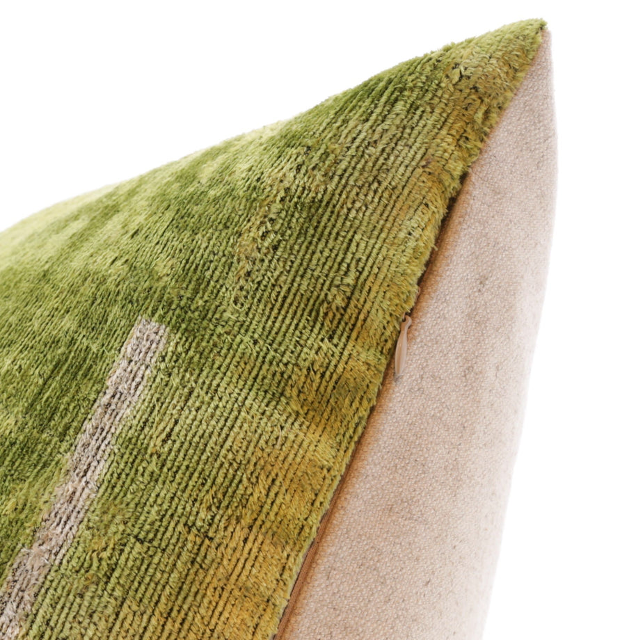 Handmade Silk Velvet Minimalist Throw Pillow - 20x20, Green With White Accent Lines, Down Feather Insert