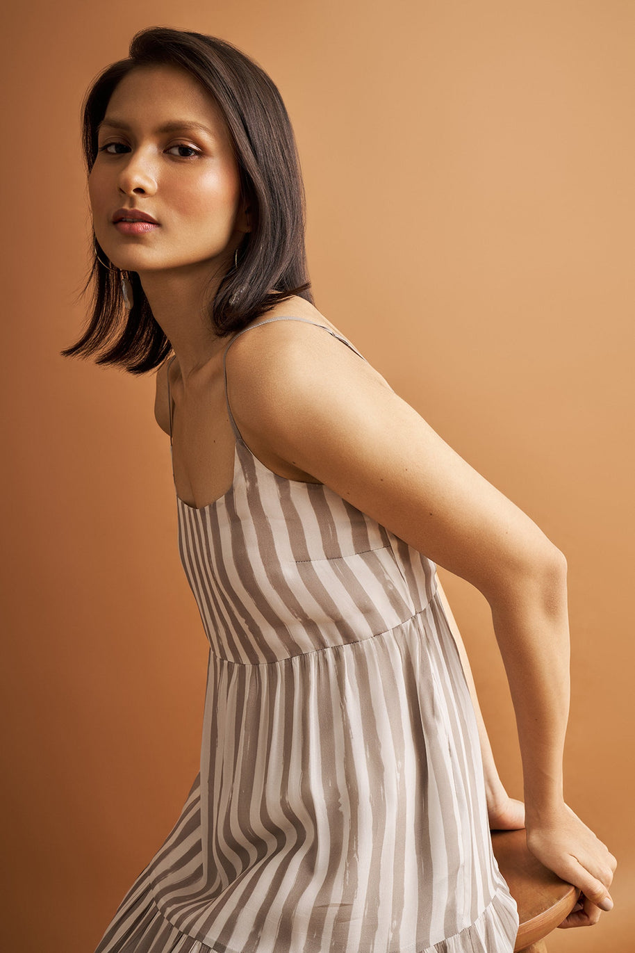 Reistor Strappy Tiered Maxi Dress in Beige Stripes
