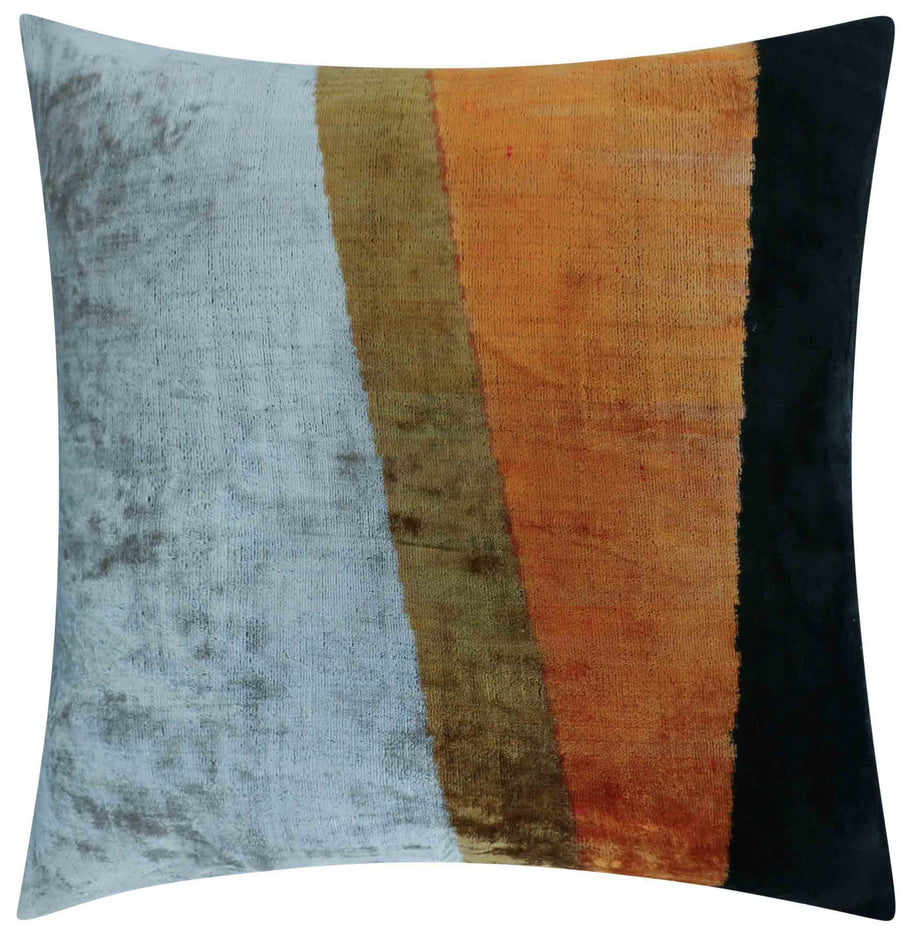 Handmade Silk Velvet Striped Throw Pillow - 20x20, Bold White, Gold, Orange, And Black Design With Down Feather Insert