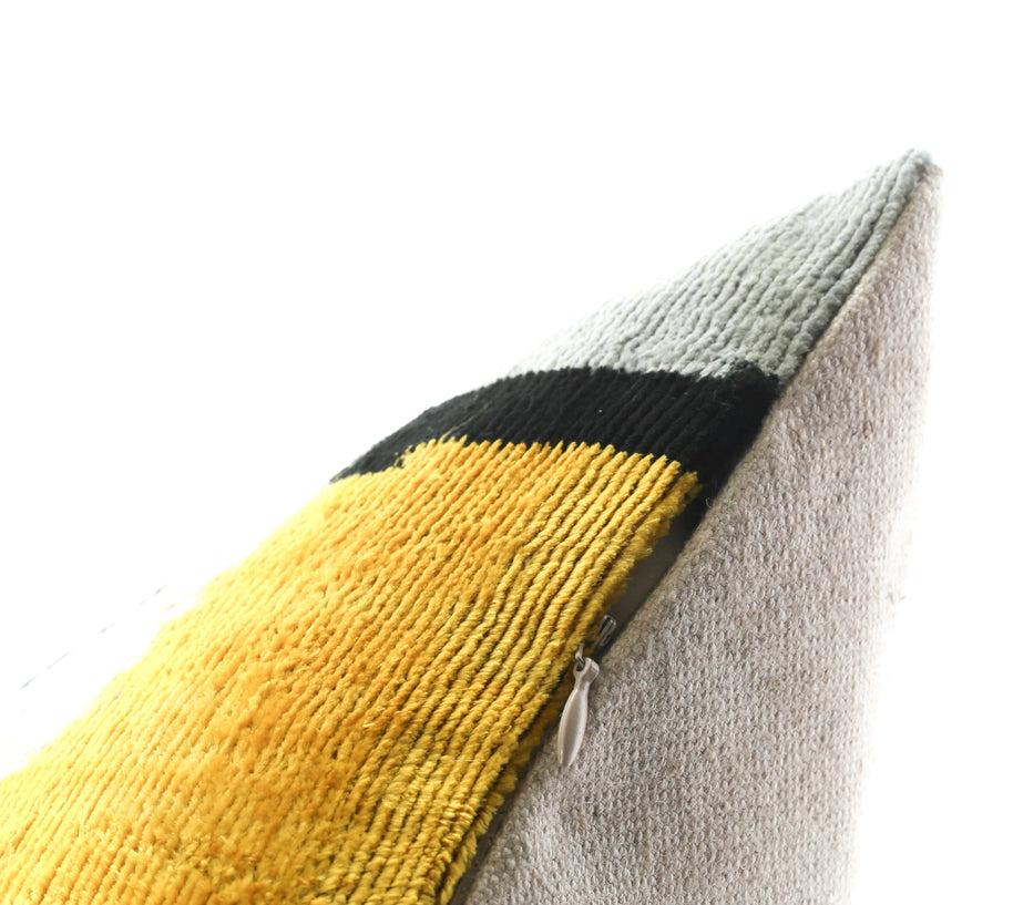 Luxurious 16x16 Silk Velvet Geometric Throw Pillow In Yellow And Gray – Down Feather Insert