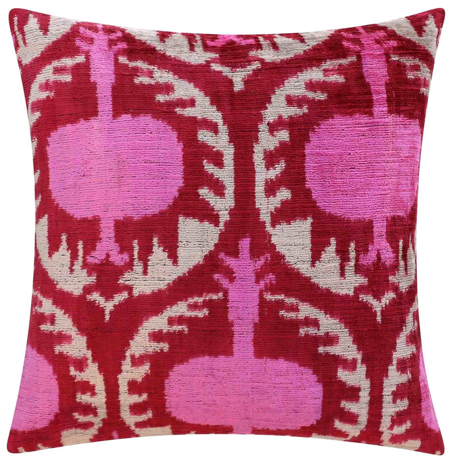 Handmade Silk Velvet Throw Pillow - 16x16, Red And Pink Traditional Design With Down Feather Insert