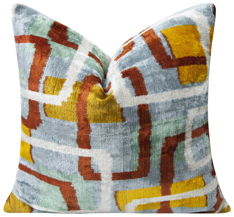 Handmade Silk Velvet Throw Pillow - 20x20, Modern Geometric Design In Burnt Orange, Yellow, And Mint Green With Down Feather Insert