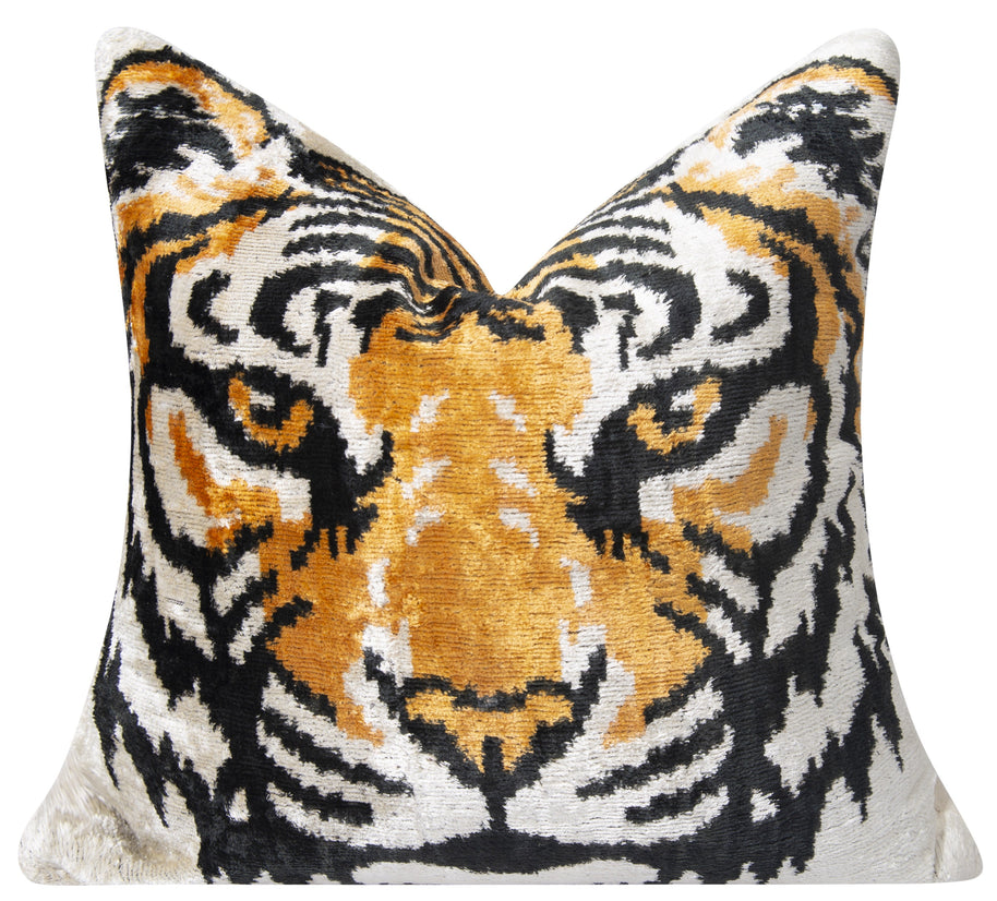 Handmade Silk Velvet Tiger Face Throw Pillow - 20x20, Bold Black, Orange, And White Design With Down Feather Insert