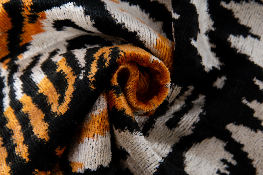 Handmade Silk Velvet Tiger Face Throw Pillow - 20x20, Bold Black, Orange, And White Design With Down Feather Insert