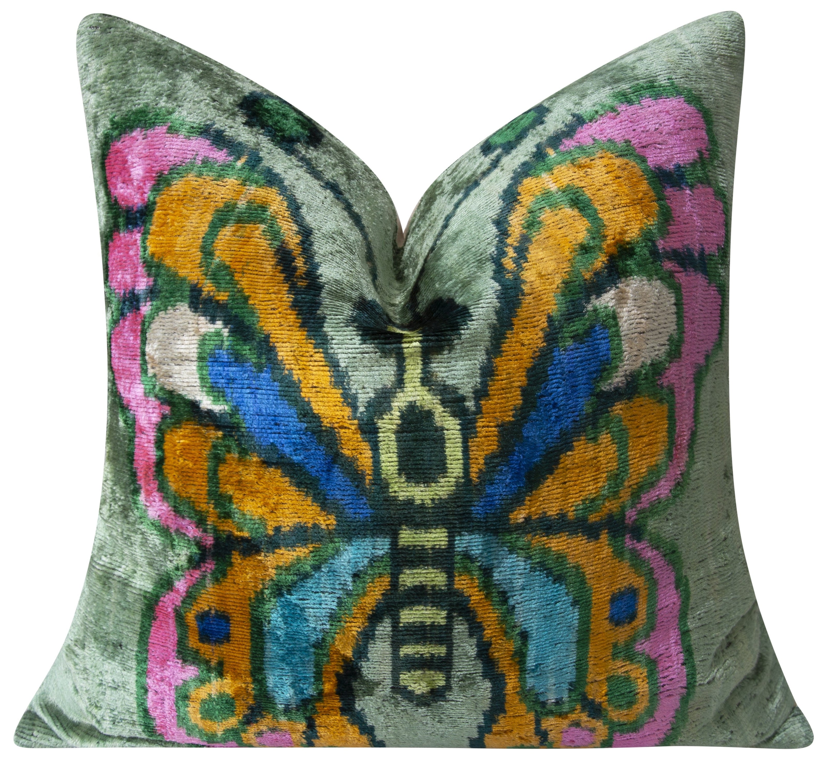 Handmade Silk Velvet Butterfly Throw Pillow - 20x20, Vibrant Green, Pink, Orange, And Blue Design With Down Feather Insert