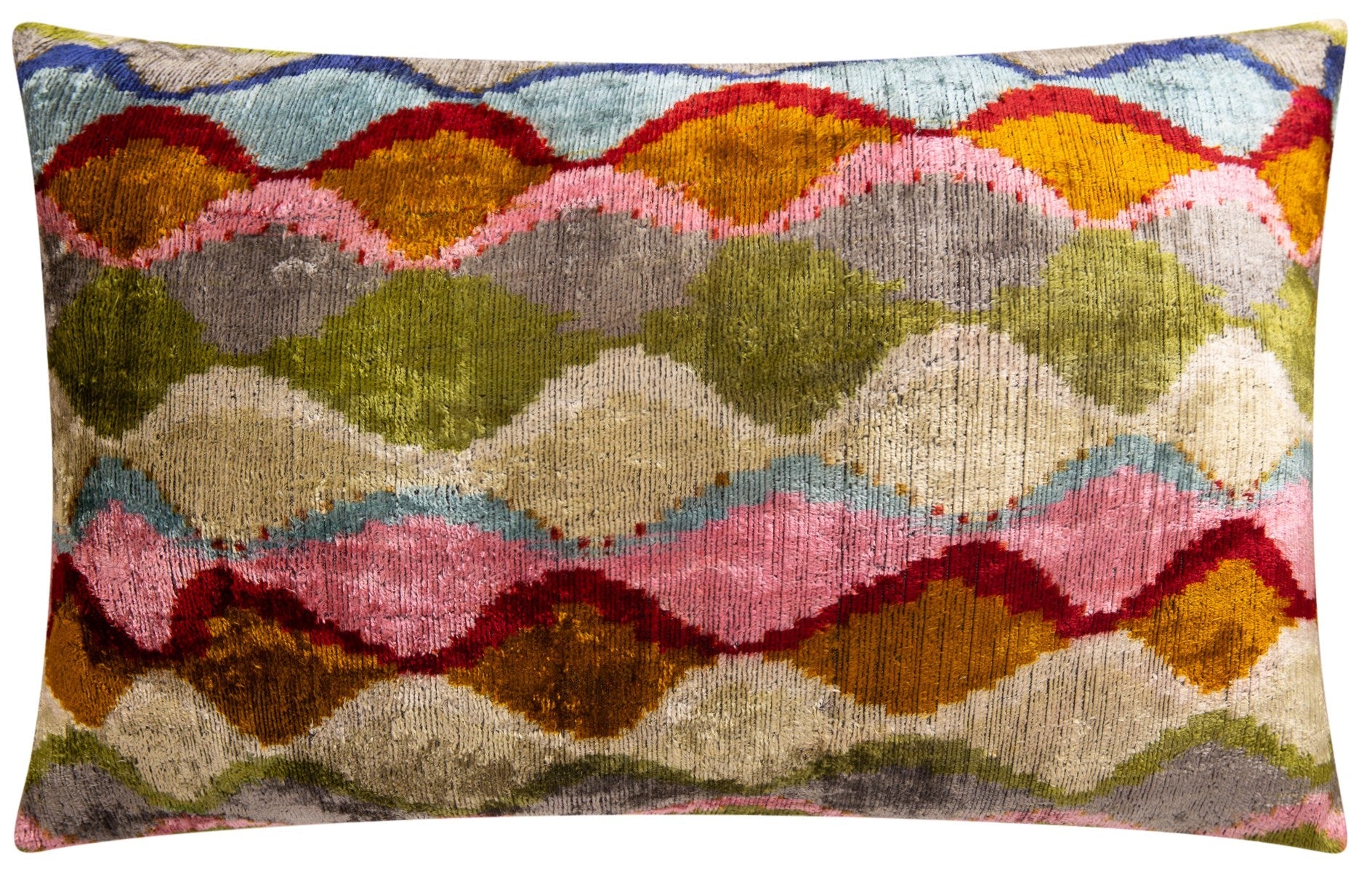 Luxury Handmade Silk Velvet Throw Pillow - 16x24 In, Multicolored Geometric Design With Down Feather Insert