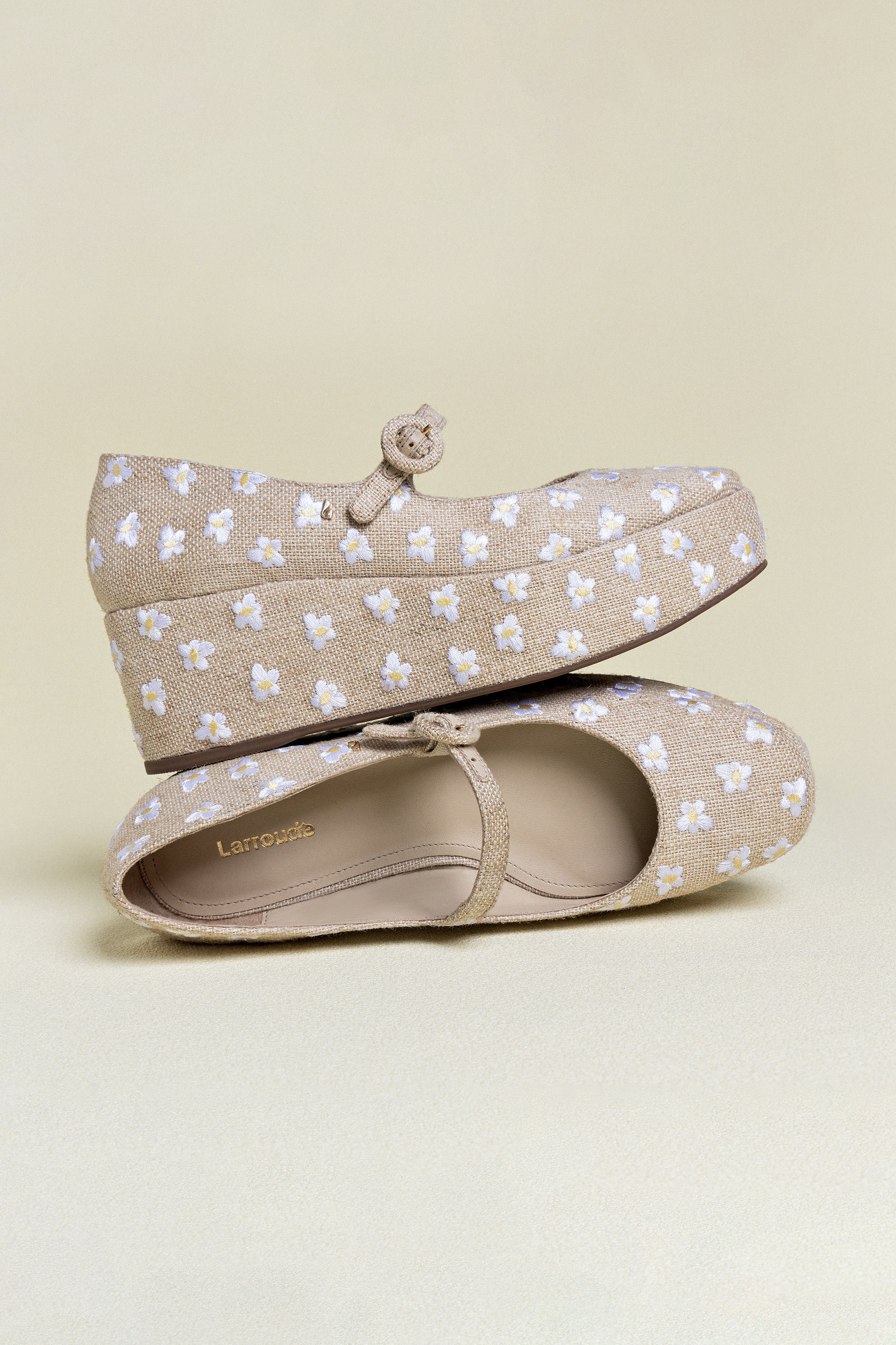 Larroude Blair Flatform In Raw Linen And Daisy Embroidery
