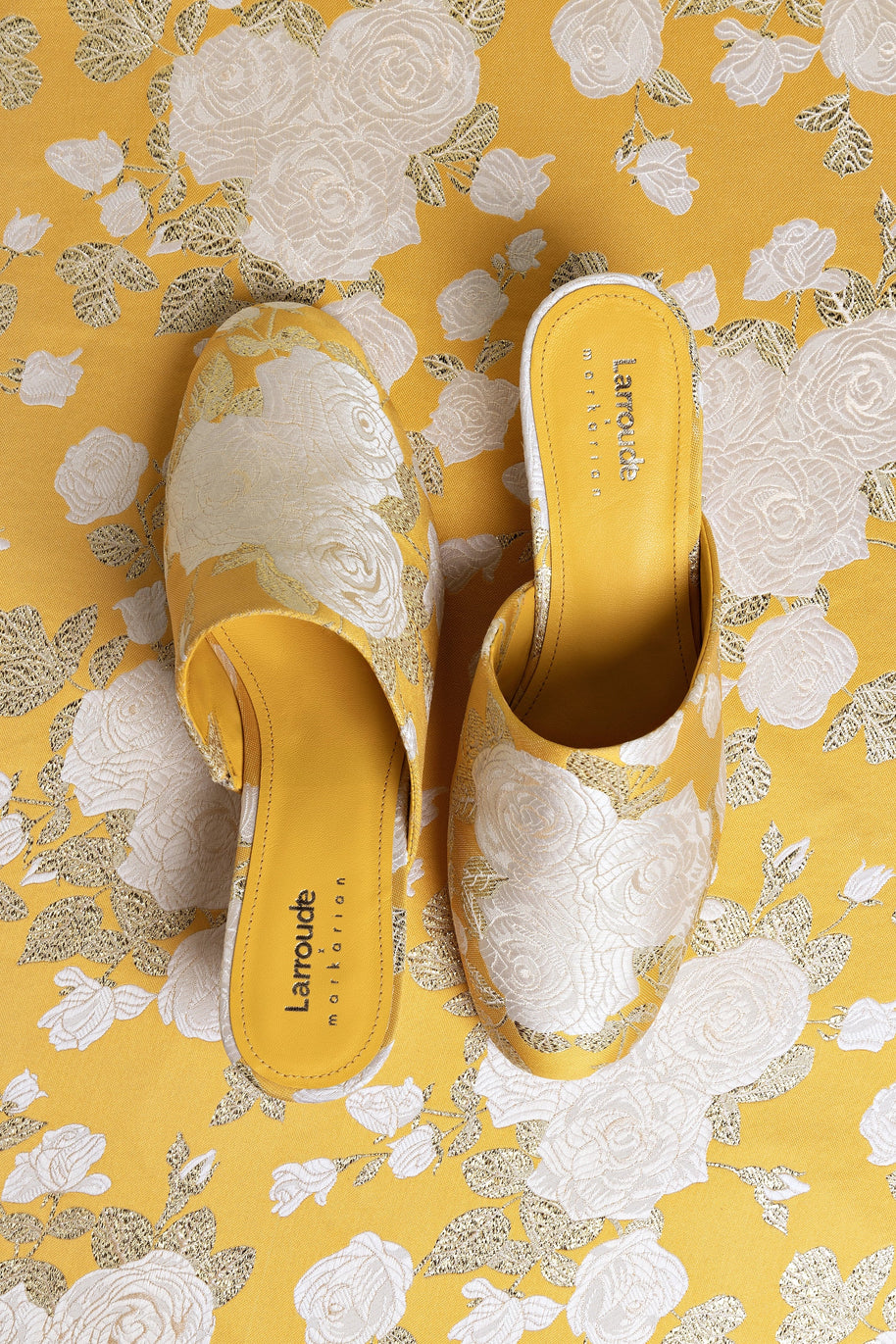 Larroudé X Markarian Venice Wedge In Yellow Floral Brocade