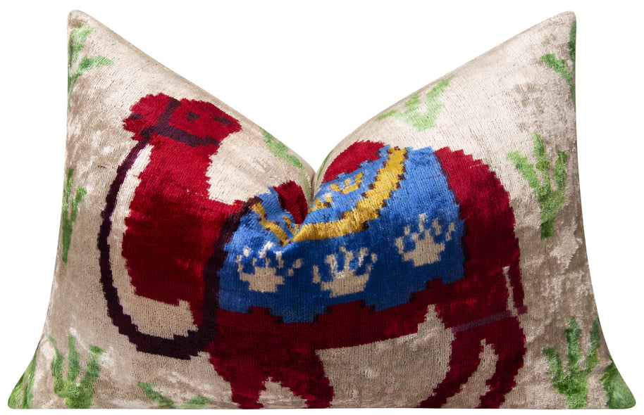Handmade Silk Velvet Camel Design Throw Pillow - 16x24, Multicolored Exotic Accent Pillow With Down Feather Insert