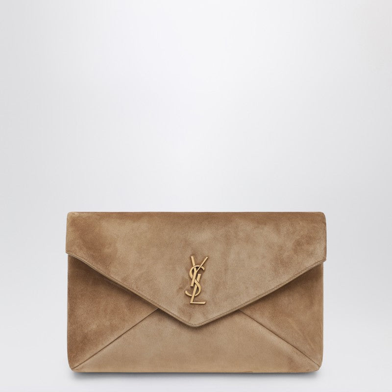 Saint Laurent Cassandre Large Envelope Pouch In Gold Suede