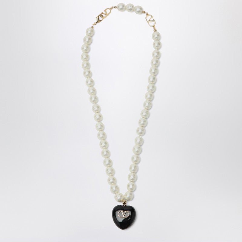 Valentino Garavani Black Coeur Royal Pearl Necklace
