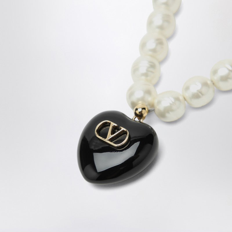 Valentino Garavani Black Coeur Royal Pearl Necklace