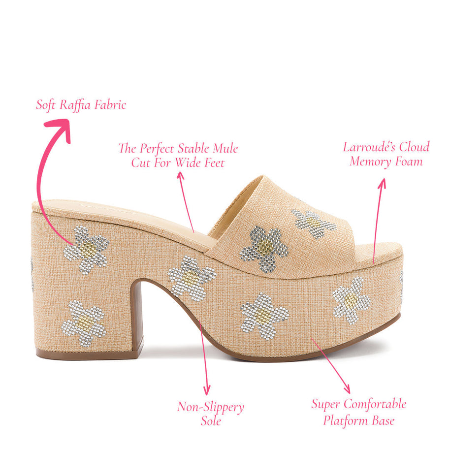 Larroude Miso Platform Sandal In Beige Raffia And Floral Crystals