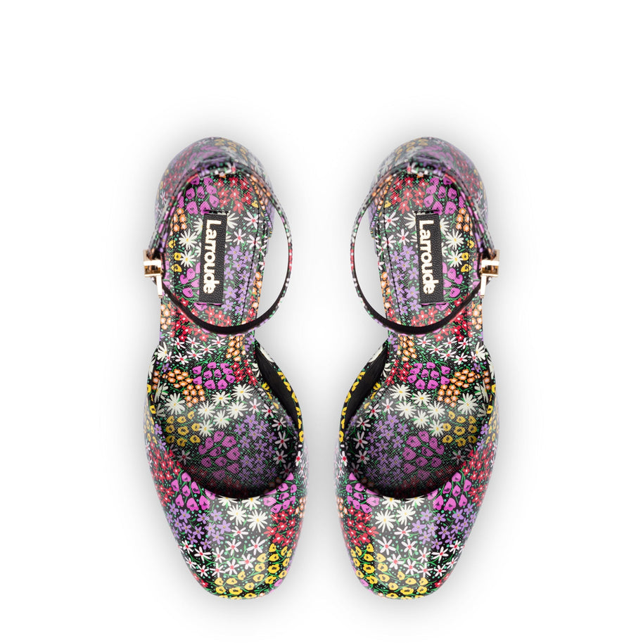 Larroude Ari Pump In Black Mixed Flowers Print Saffiano Patent Leather