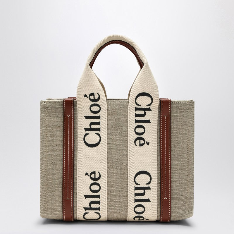 Chloé Woody Small Tote Bag In Beige Canvas