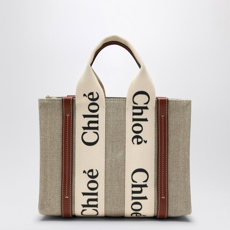Chloé Woody Small Tote Bag In Beige Canvas