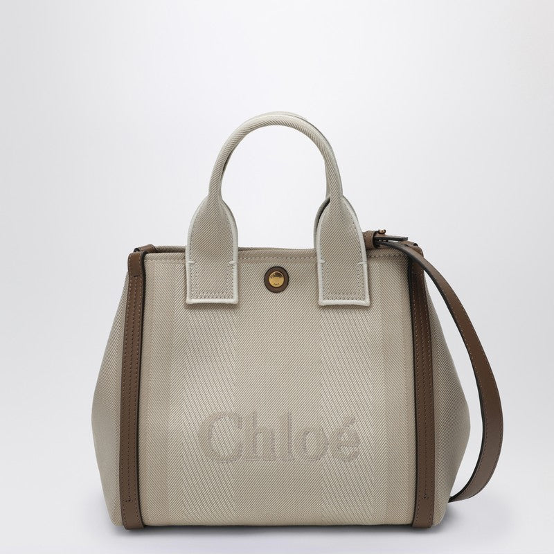Chloé Carry Small Tote Bag In Beige Striped Canvas