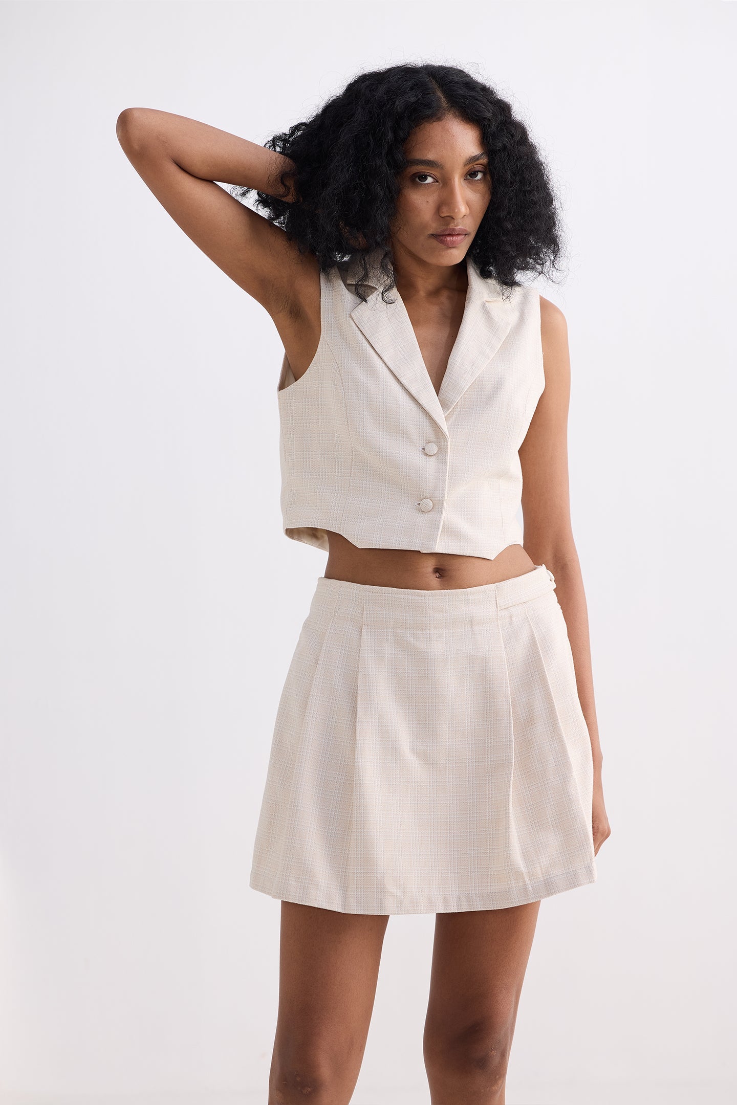Reistor Cropped Cotton Tweed Vest Set In Cream