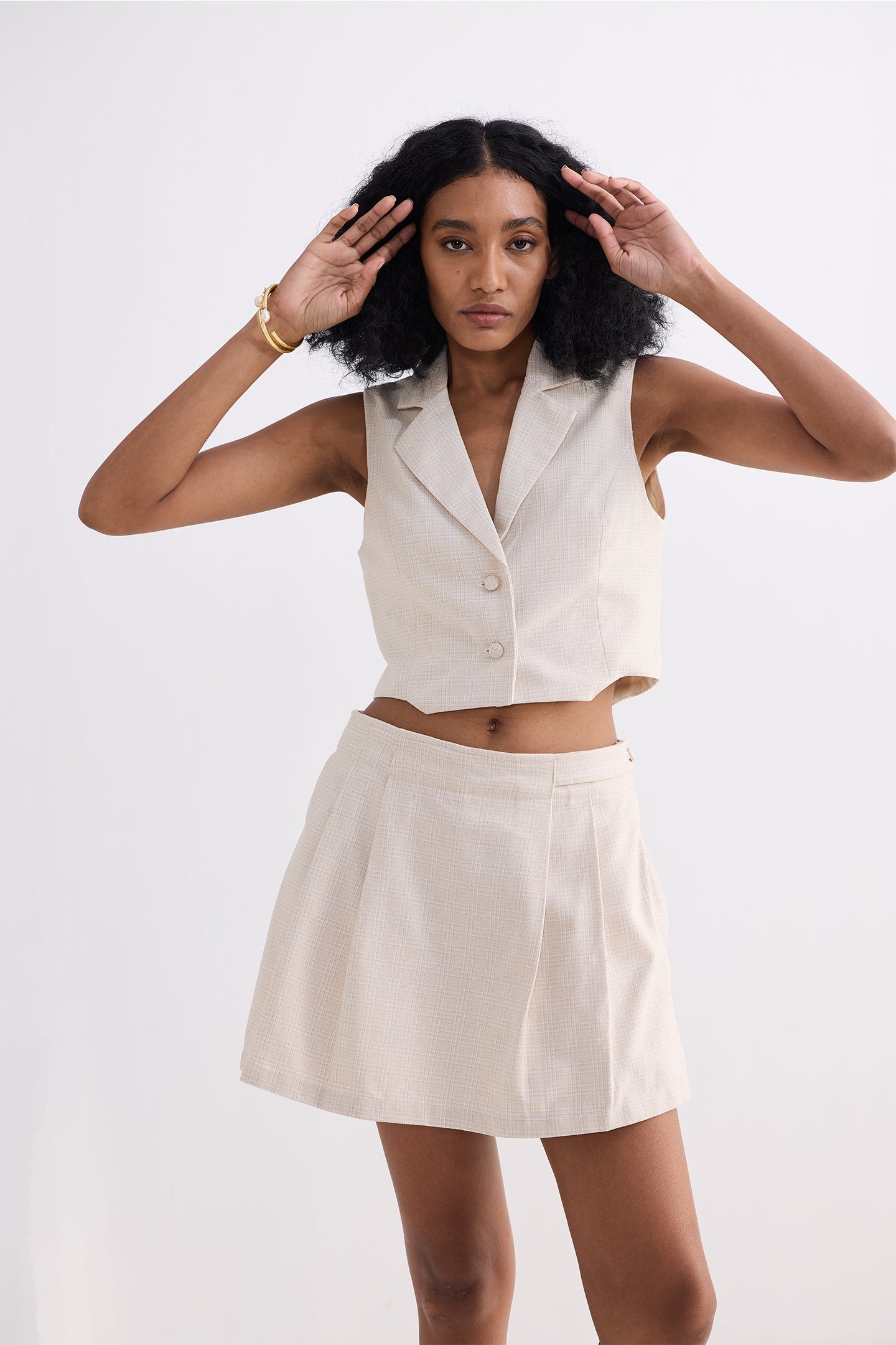 Reistor Cropped Cotton Tweed Vest Set In Cream