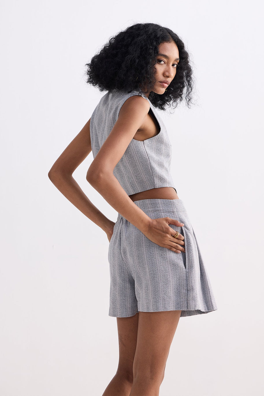 Reistor Cropped Cotton Tweed Vest Set in Grey