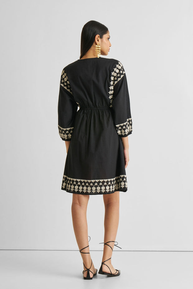 Reistor Deep V Embroidered Dress in Black