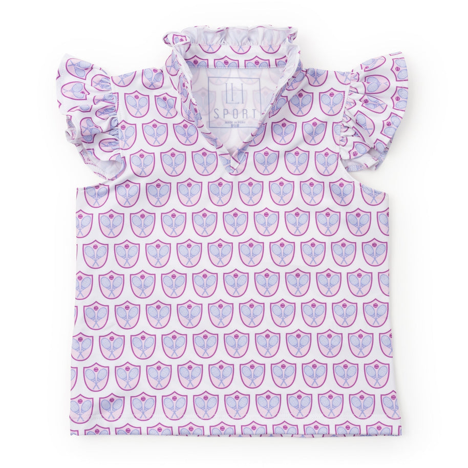 Ellie Girls' Sleeveless Performance Top By LH Sport - Tennis Crest Pink