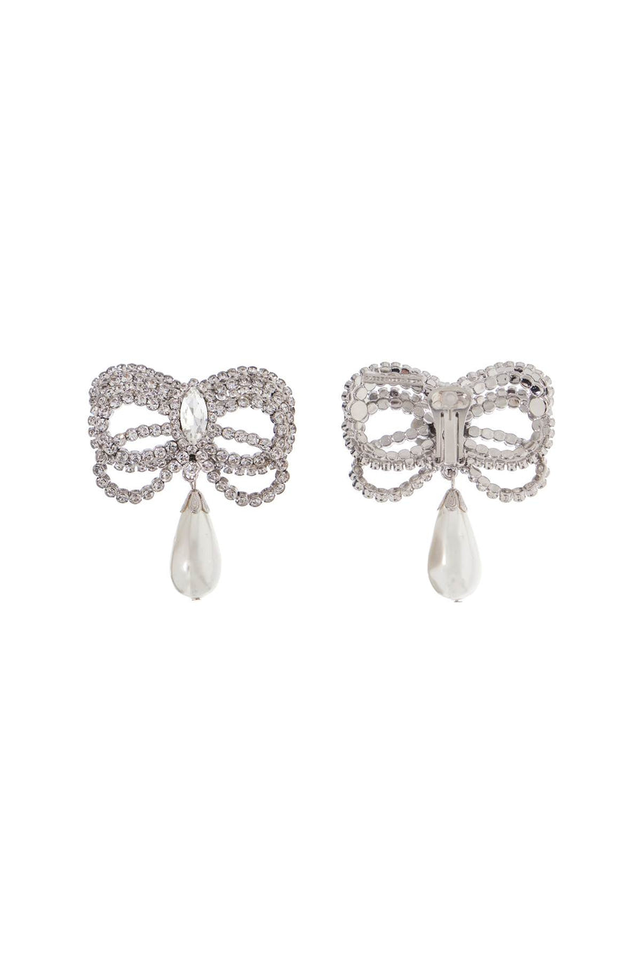 Alessandra Rich Clip-on Brass Earrings In Silver With Bow And Drop Pearl
