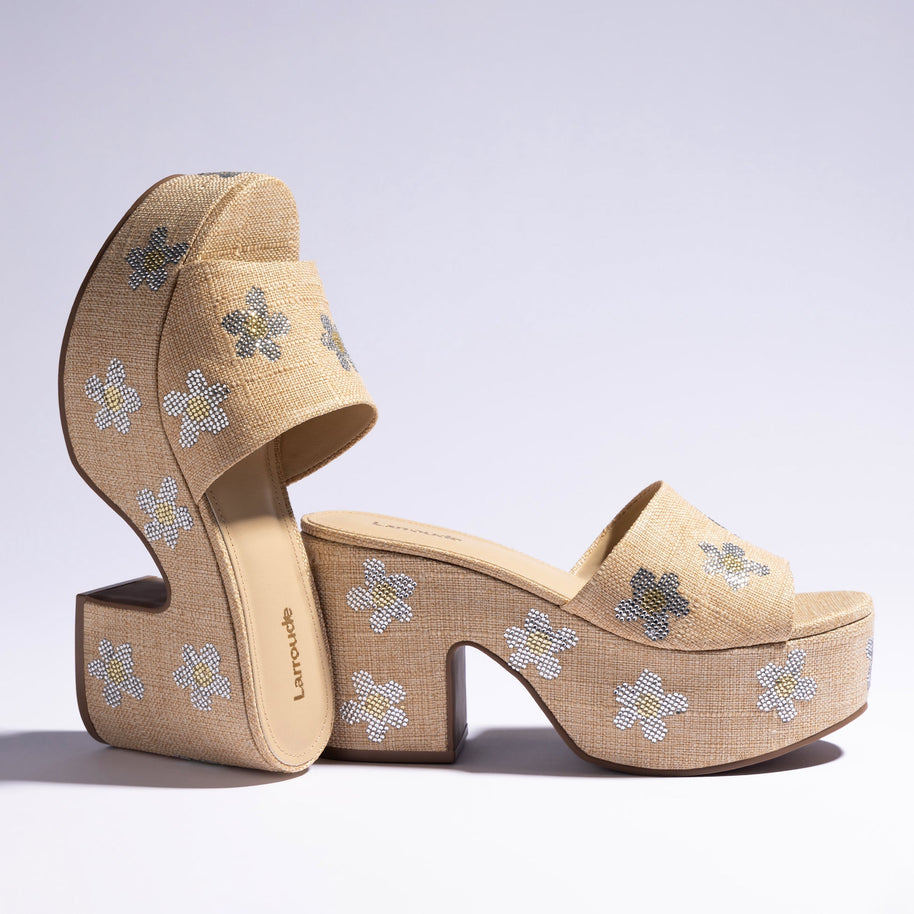 Larroude Miso Platform Sandal In Beige Raffia And Floral Crystals