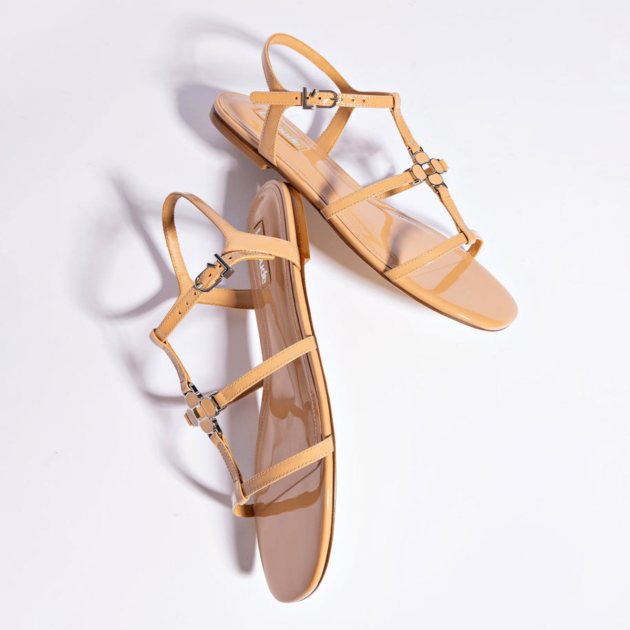Larroude Hana Flat In Tan Patent Leather
