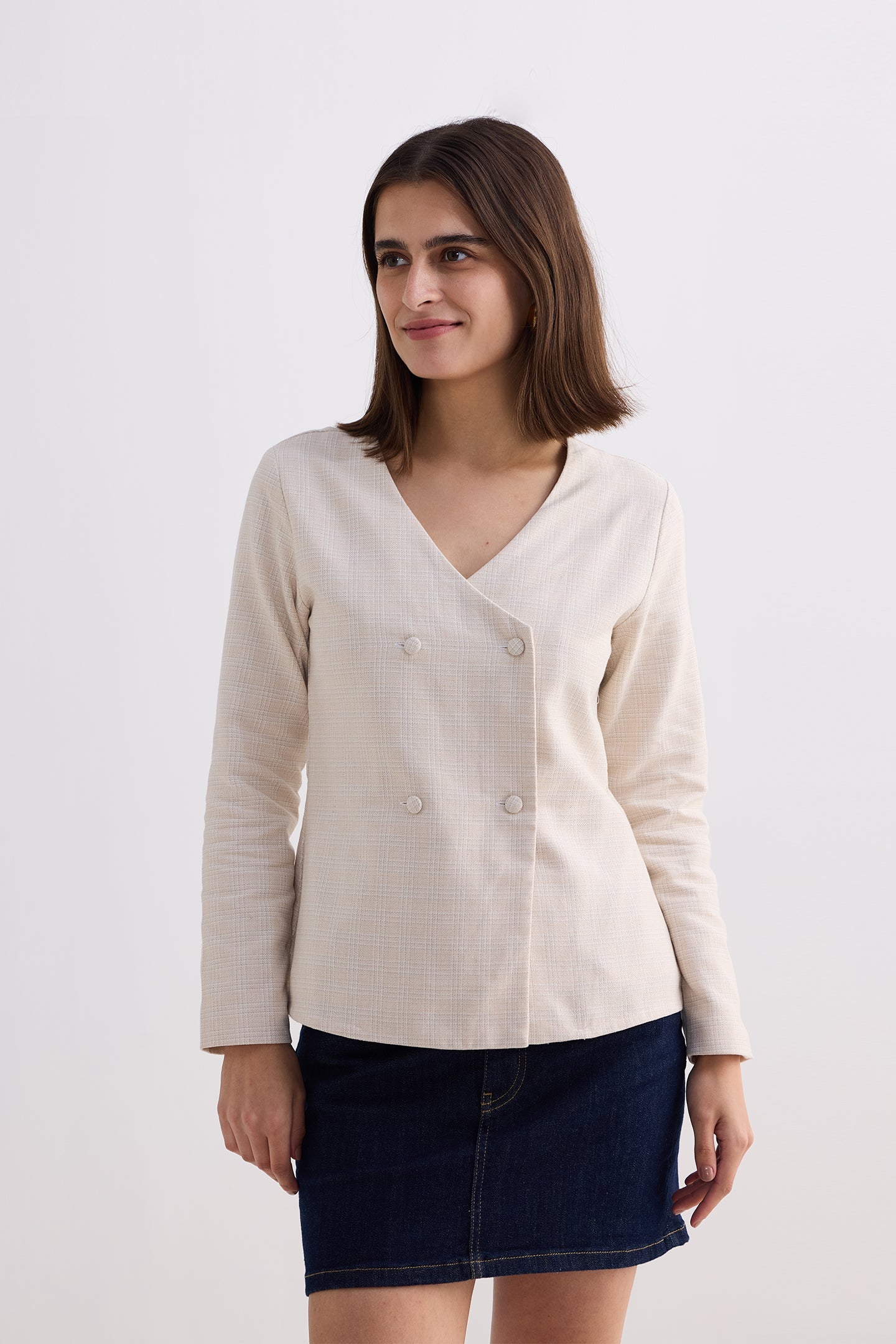 Reistor Fitted Cotton Tweed Jacket in Cream