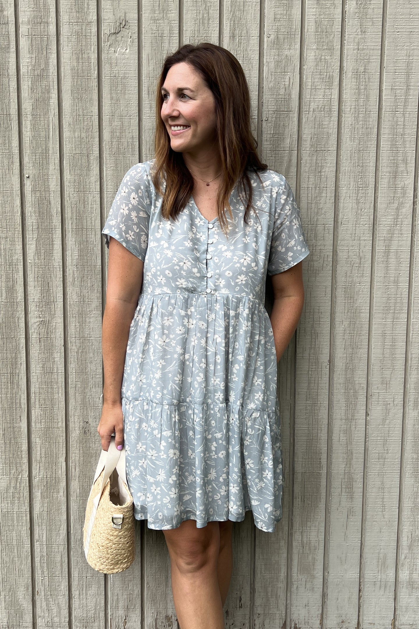 Reistor Floral Short Tiered dress in Light Blue
