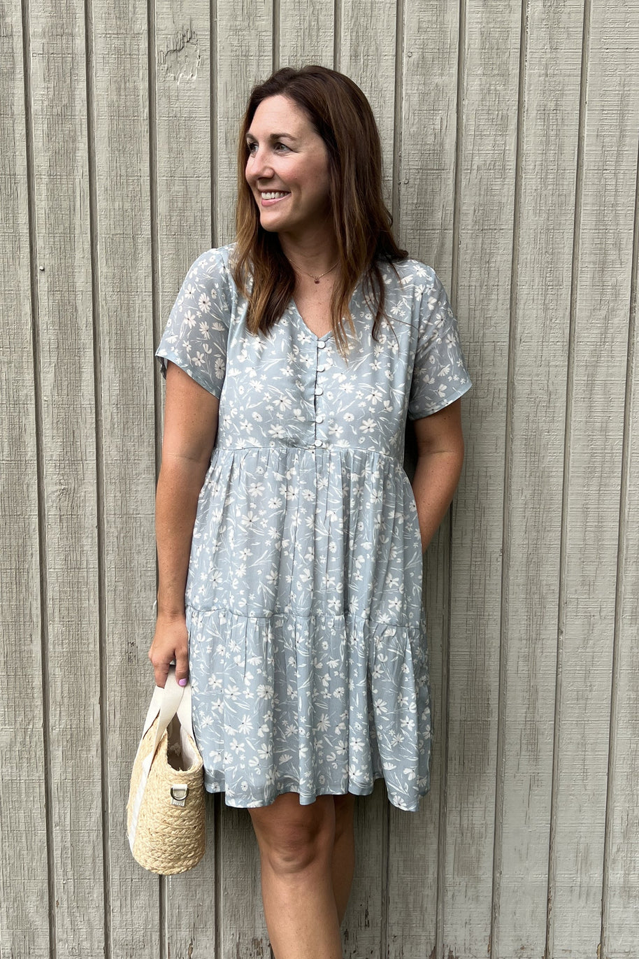 Reistor Floral Short Tiered dress in Light Blue
